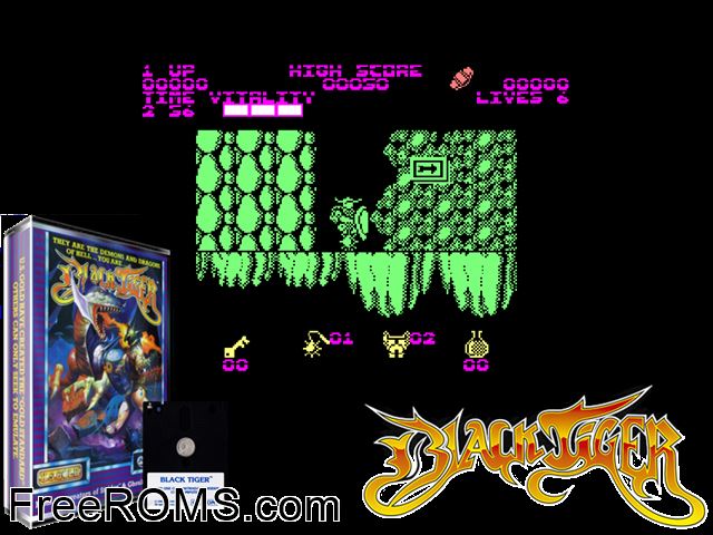 Black Tiger (UK) (1989) [h1] Amstrad CPC game showing 3D box cover and gameplay screenshot